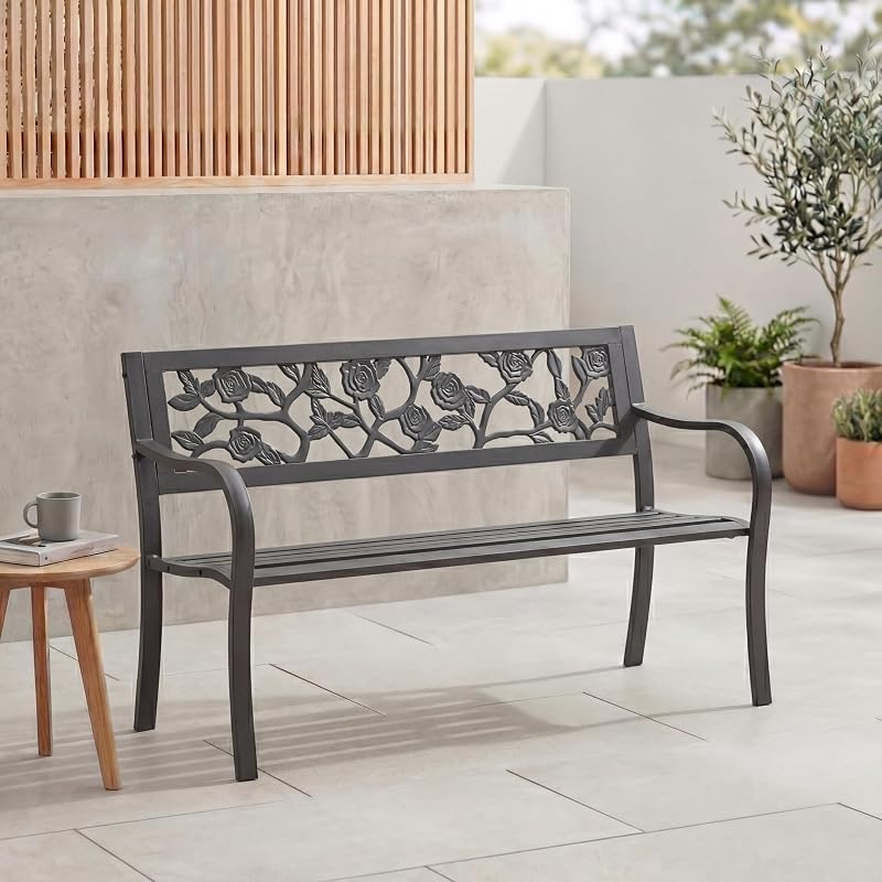 Garden Vida Steel Garden Bench Rose Design 3 Seater Outdoor Black