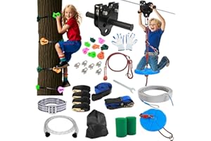 FAHKNS Zip Line Kit for Kids Adults: 200FT Up to 400 lbs - Updated Removable Design Trolley,Thickened Seat,Safety Harness,Quick Tighten Zipline Kits for Outdoor Backyard