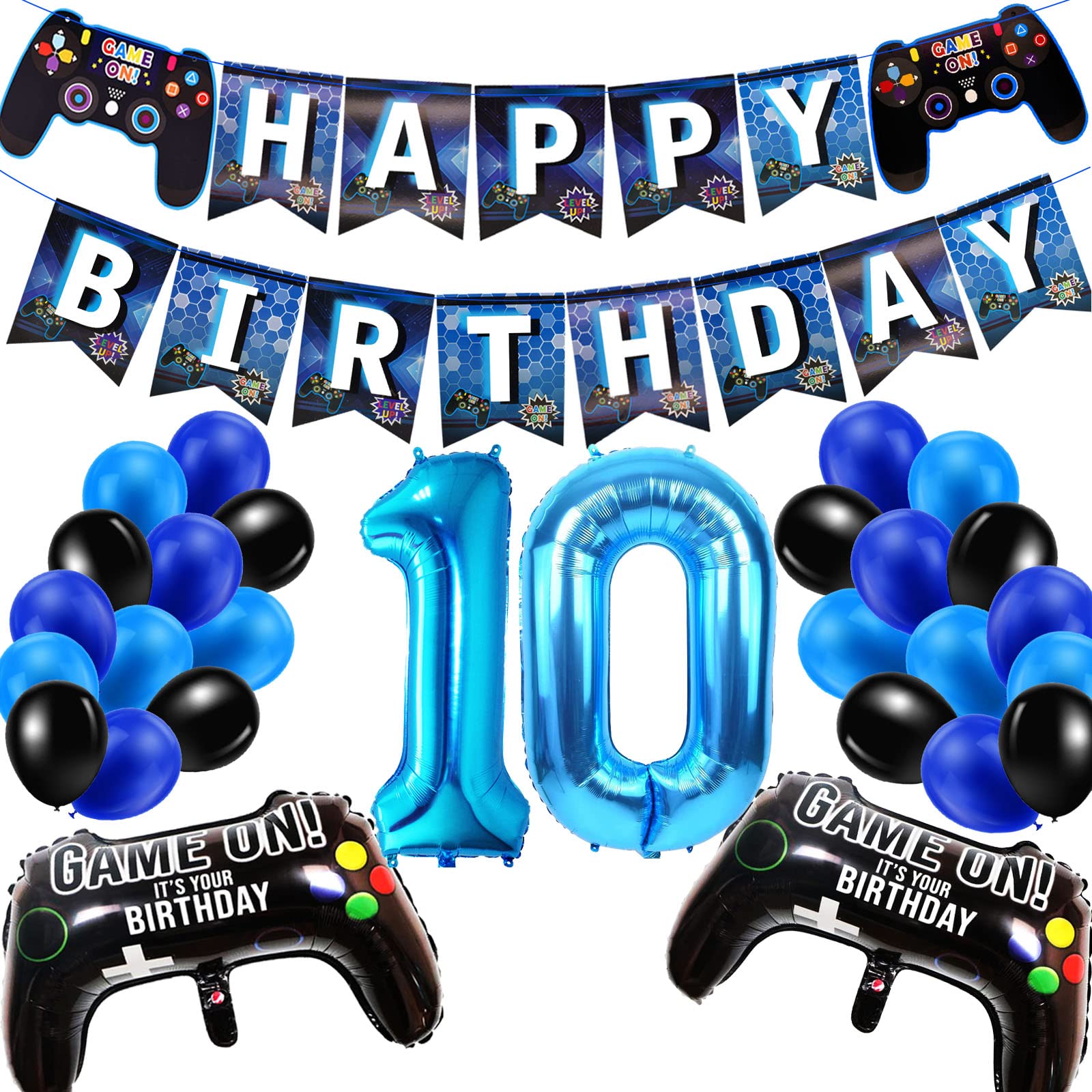 10th Birthday Decorations for Boys, Gaming Party Decorations Set for Gamers, Happy Birthday Banner Game Controller Balloons Black Blue Balloons for Kids Party Supplies