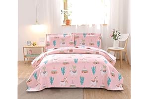 Ycosy Kids Girls Alpaca Cactus Quilt Set Twin Size Llama Bedding Lightweight Animal Cartoon Bedspread Coverlets All Season Bedding Set ，1 Quilt and 2 Pillow Shams