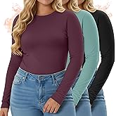 Evervibe 3 Pack Women's Plus Size Thermal Long Sleeve Shirts Slim Fit Fleece Lined Crew Neck Undershirt Tops Cold Weather(Black, Green, Wine Red,3X-Large)