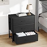 Memobarco Nightstand with 3 Drawers for Bedroom, Storage Dresser with Fabric Drawers and Metal Frame for Closet, Living Room, Bedside Table with Wood Top, Easy Pull Handle, Black