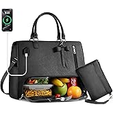 Lunch Tote Bag for Women 2 in 1 Laptop Work Bag with Lunch Insulated Compartment and Purse Combo Waterproof PU Leather 15.6 Inch Computer Crossbody and Shoulder Bag for Daily, Office, Picnic Black