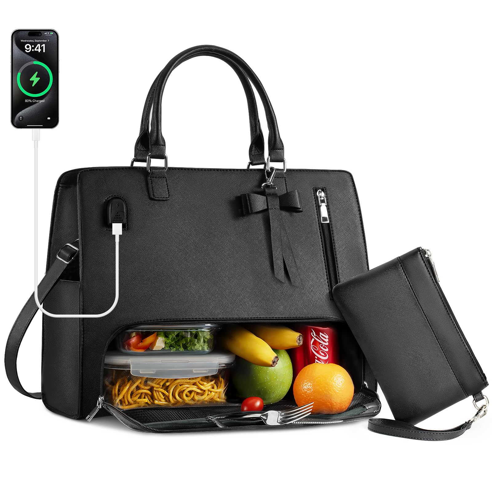 Photo 1 of Lunch Tote Bag for Women 2 in 1 Laptop Work Bag with Lunch Insulated Compartment and Purse Combo Waterproof PU Leather 15.6 Inch Computer Crossbody and Shoulder Bag for Daily, Office, Picnic. Black