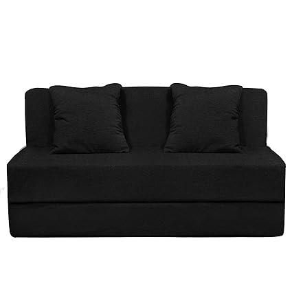 Aart Two Seater Sofa Cum Bed with Two Cushion - Perfect for Guests - Poly Cotton Fabric Washable Cover - Black| 4 X 6 Feet