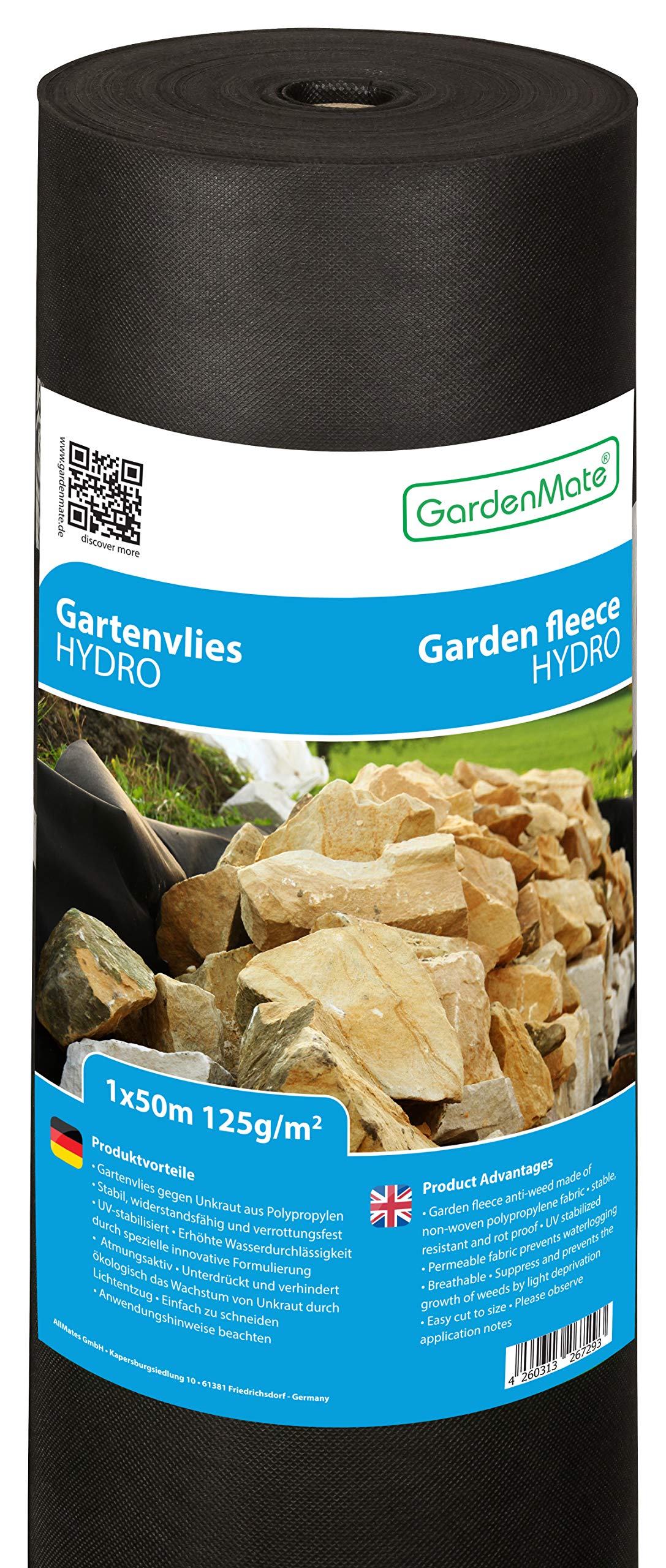 GardenMate HYDRO 1m x 50m Roll non-woven weed control fabric - UV stabilised black 125gsm landscape ground cover membrane - High water permeability