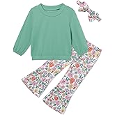 mikiumkee Toddler Girl Clothes Crewneck Long Sleeve Top+Floral Flared Pants Bell Bottom Outfits with Headband 1-6T