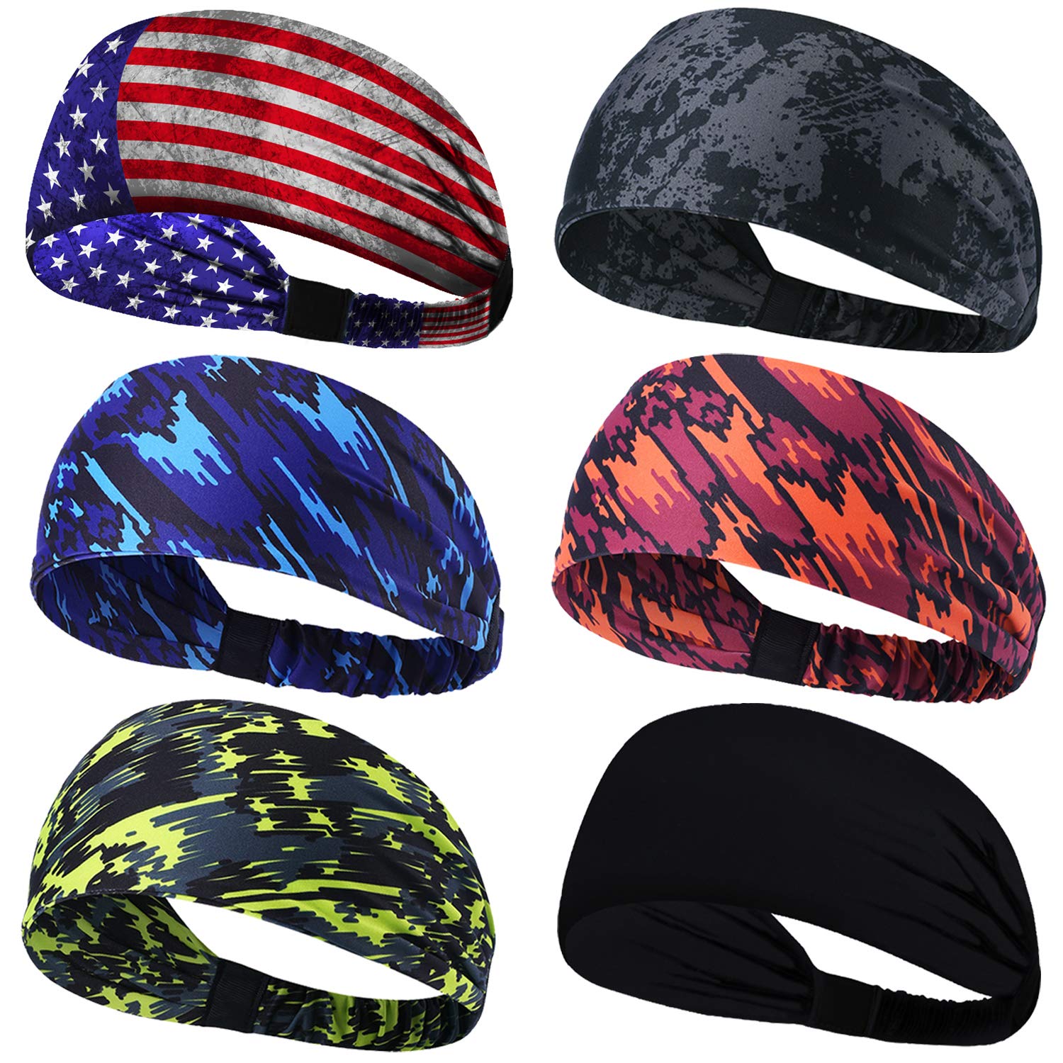 Obacle Headbands for Men Women Sweat bands Headbands Non Slip Thin Lightweight Breatheable Durable Head Band Outdoor Sports Workout Yoga Gym Running Jogging (Elastic Band, 6 Pack Multi Color Style 03)