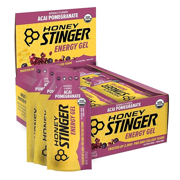 HONEY STINGER ORGANIC ACAI POMEGRANATE ENERGY GEL, GLUTEN FREE & CAFFEINE FREE, FOR EXERCISE, RUNNING AND PERFORMANCE, SPORTS NUTRITION FOR HOME & GYM, PRE AND MID WORKOUT, 24 PACK, 26.4 OUNCE