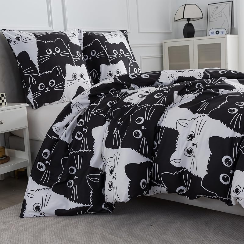 Bettwäsche 155x220 2teilig Bettbezug - Süß Schwarz Weiß Katzen Muster Bettwäsche-Set 155 x 220 cm und 1 Kissenbezug 80x80cm mit Reißverschluss, Weich Leicht Mädchen Kinderbettwäsche — Foto 5 von 8