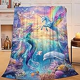Fantasy Mermaid Blanket Gifts for Girls Boys Unicorn Fleece Blankets Soft Warm Fuzzy Funny Ocean Beach Marine Life Throw Cozy Flannel Plush Stuff Throws for Kids Men Women Bed Couch Decor 50"x40"