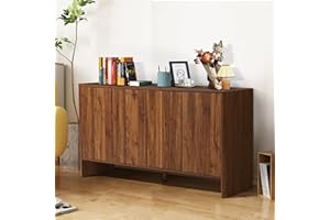 XUZENEST Sideboard Buffets Cabinet, Modern Accent Storage Cabinet with 4 Fluted Doors and Adjustable Shelves, Wood Credenza Buffet Sideboards, Console Table for Kitchen Dining Living Room Entryway (Walnut)