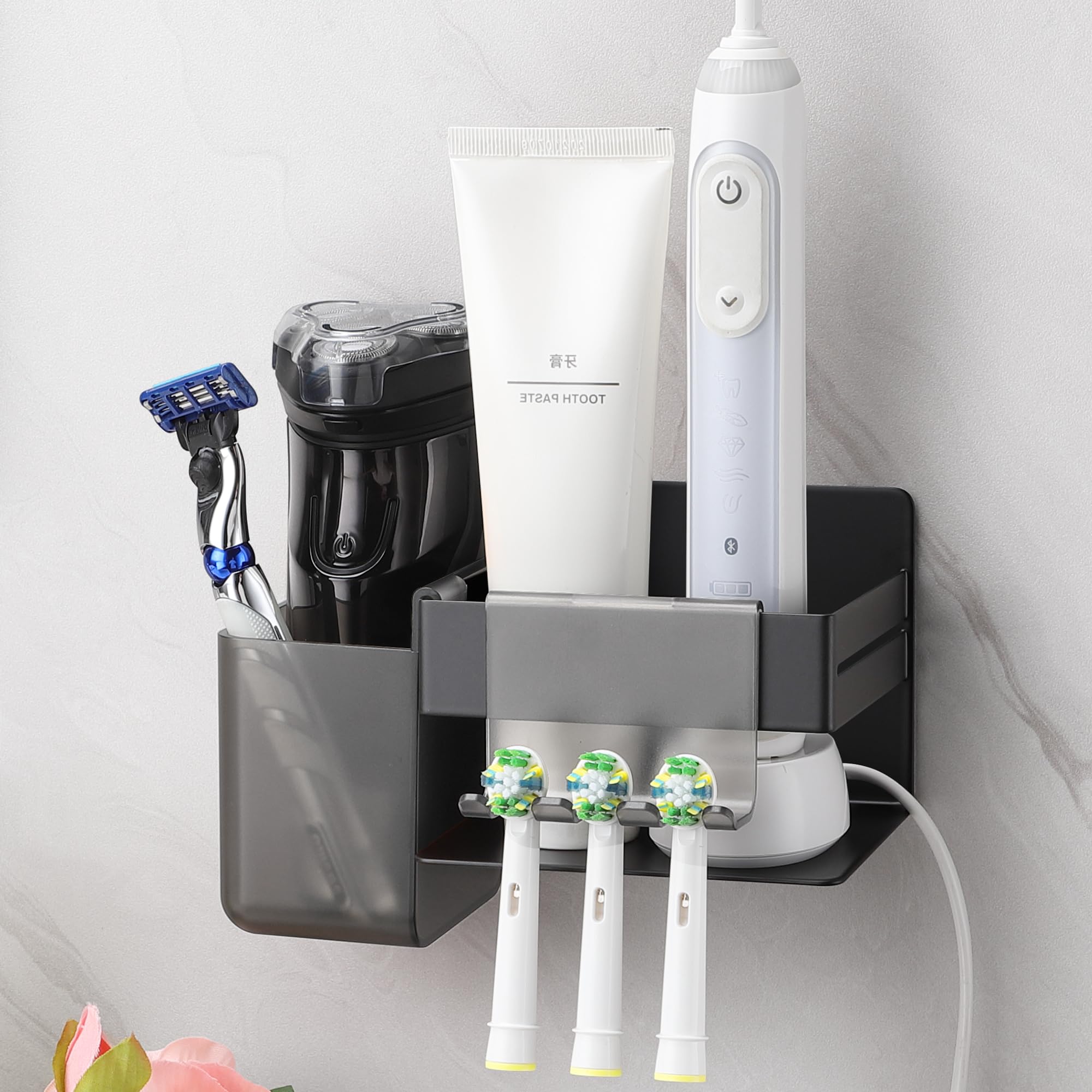 ALOCEO Electric Toothbrush Holder Wall Mounted, Stainless Steel Toothbrush Holders for Bathroom with 2 Hanging Hooks, Black