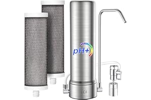 LCF Alkaline Countertop Water Filter, 𝐒𝐢𝐥𝐯𝐞𝐫 𝐈𝐨𝐧𝐬 Enhanced 6-Stage Stainless Steel Water Filter for Sink Faucet, Reduces Heavy Metals, Bad Taste & 99% Chlorine, 16,000 Gallons(2 Filters)