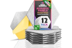 Sonic Acoustics Self-adhesive 12 Pack Silver Gray Hexagon Acoustic Panels, 14" X 12" X 0.4" High Density Sound Absorbing Pane