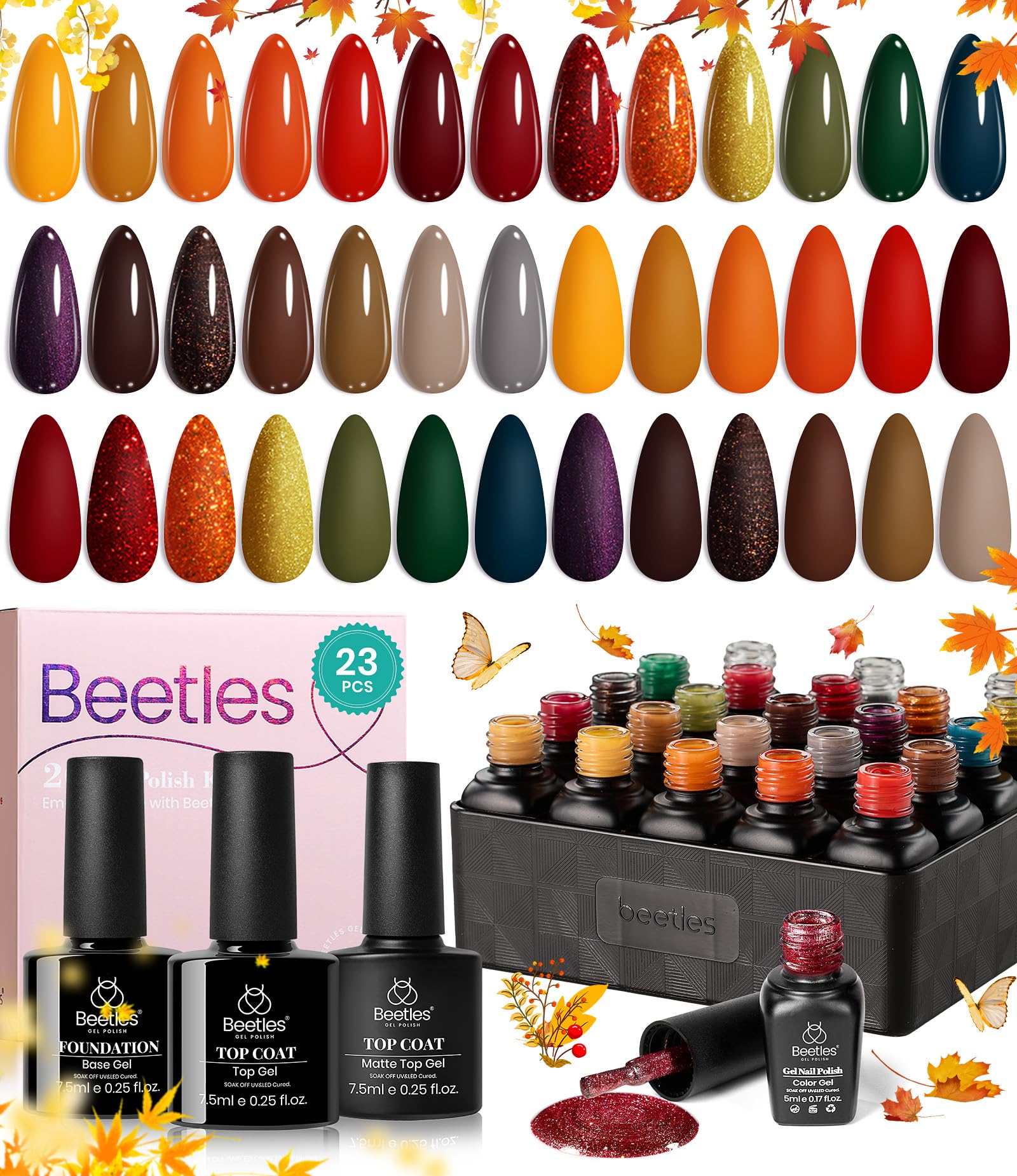 beetles Gel Polish Nail Set 20 Colors Cozy Campfire Collection Orange Yellow Green Brown Fall spring Gel Polish Set Soak Off Uv Lamp Need Base Glossy & Matte Top Coat Manicure Kit Gift for Girls - Image 7