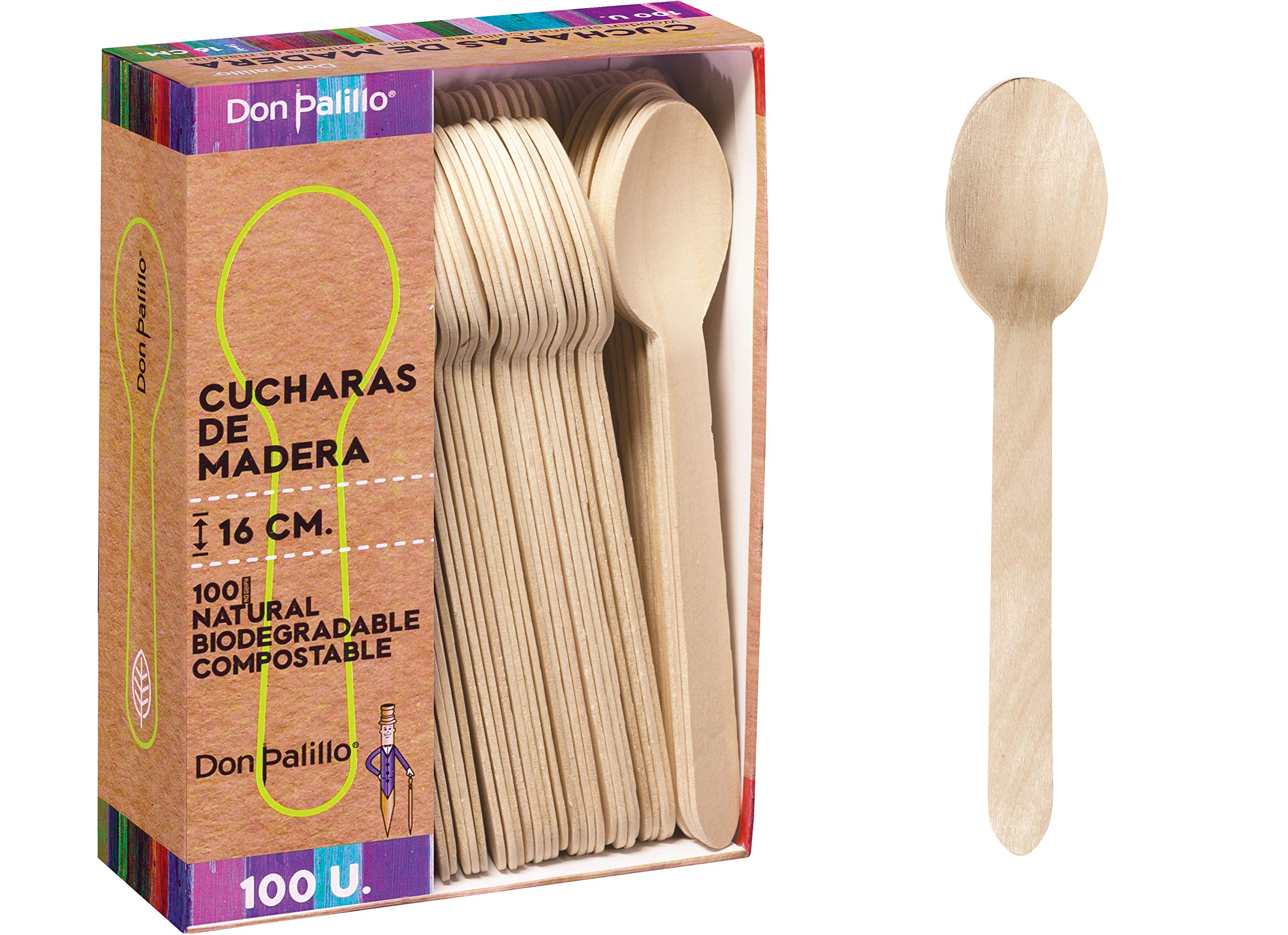 DON PALILLO - Set of 100 Disposable Wooden Spoons 16cm 100% Natural Eco Friendly Biodegradable