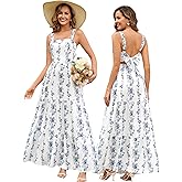 HTZMO Womens Summer Wedding Guest Floral Maxi Sundress Square Neck Back Bow Tie Flowy Boho Beach Vacation Long Dresses