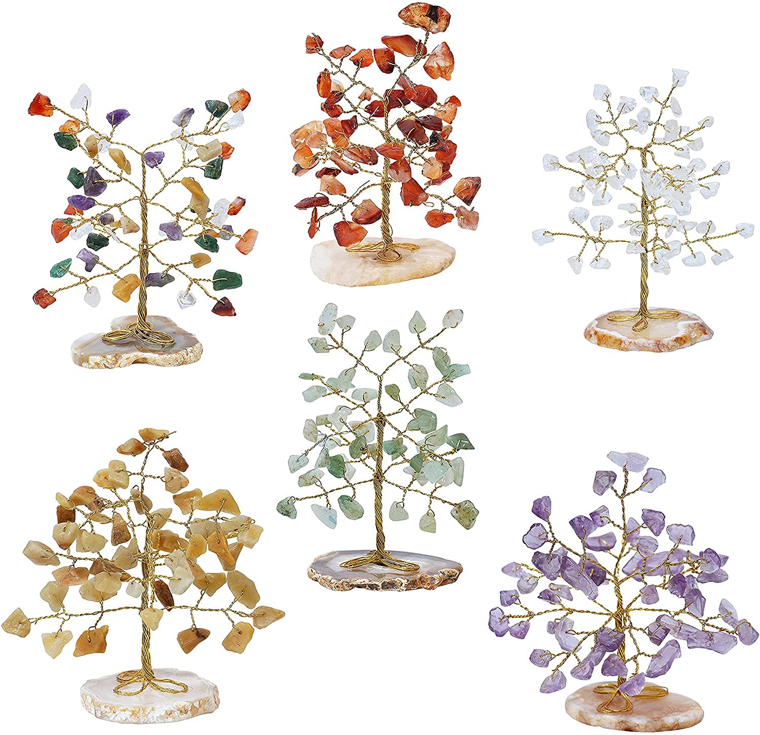 FASHIONZAADI Amethyst Clear Quartz Carnelian Green & Yellow Aventurine Mix Chakr Mini Tree Crystal Money Tree Agate Slice Stone Tree Ornament For Living Room Decor Tree of life Gift Size 80-85mm