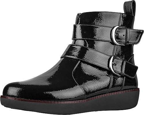 womens black patent biker boots