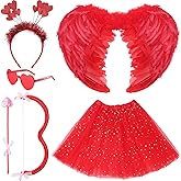 Unittype 5pcs Valentines Cupid Costume for Women Red Bow and Arrow Feather Angel Wings Heart Headwear Sunglasses Tutu Skirt