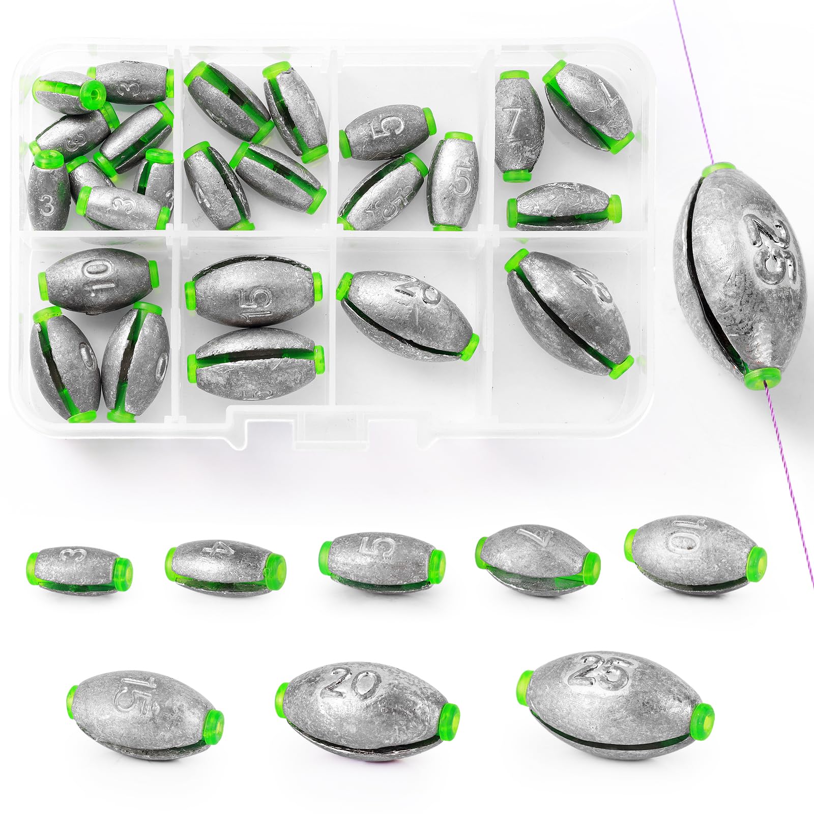 VEPEPE 25 Pcs Egg Shaped Sea Fishing Weights with Plastic Core, Drop Bass Weights Sinker Kit 8 Sizes, Casting Fishing Oval Sinkers,for Carp, River, Saltwater, Freshwater (25, 8 Sizes,Open Egg) (25)