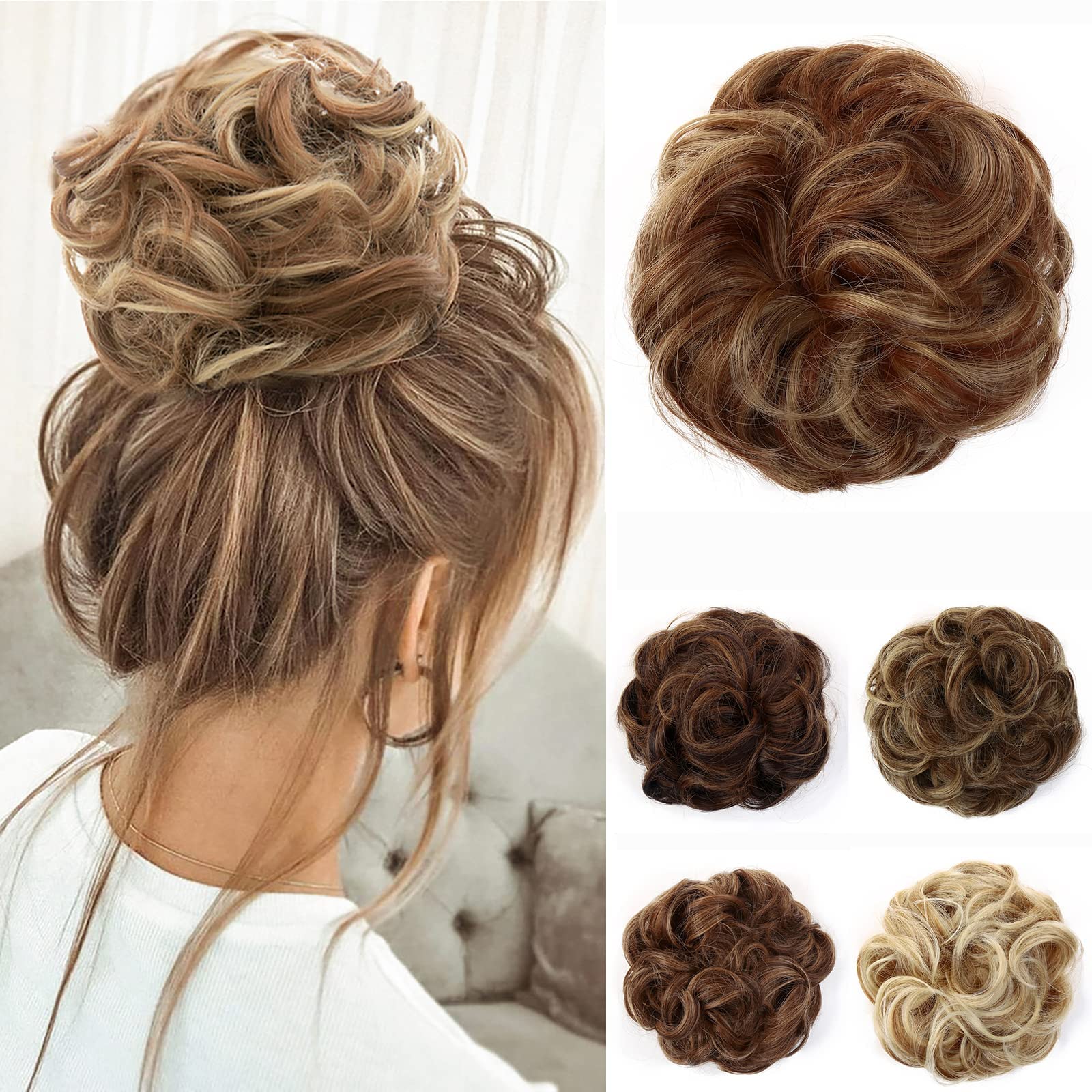 JJstar Messy Hair Bun Curly Wavy Hair Scrunchies Accessories Pieces for Women Girls Synthetic Chignons (Brown/Blonde)