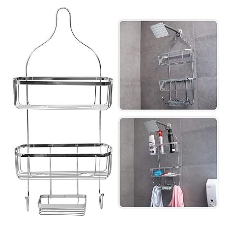 Livzing 3 Tier Bathroom Shelf Hanging Shower Head Caddy Holder Organizer Metal Chrome Plated Storage for Shampoo Conditioner Soap Towels