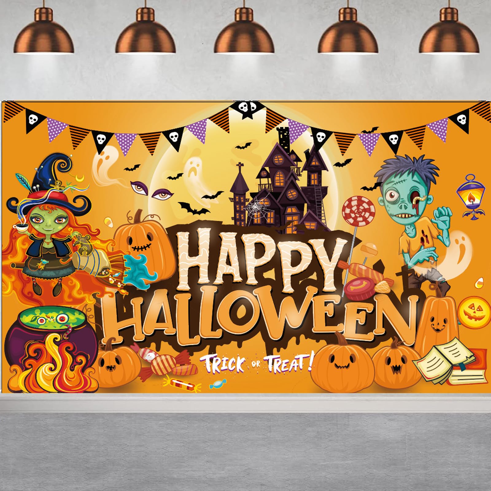 Halloween Banner, Halloween Happy Halloween Halloween Decoration Banner, Pumpkin Ghost Bat Spooky Castle Backdrop Candy Books Torch Photo Booth Backdrop Banner, Halloween Party Outdoor Indoor