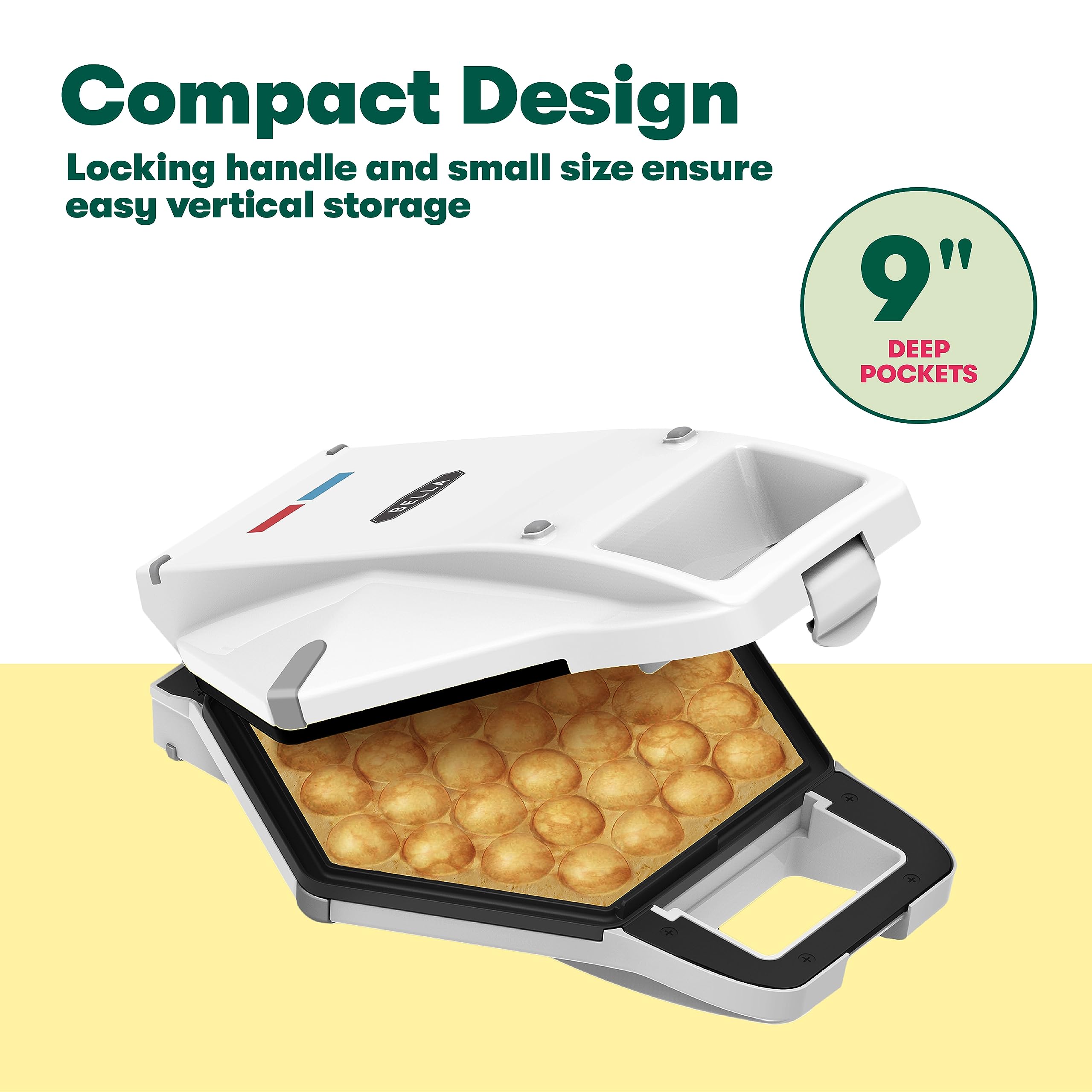 BELLA 17175 Bubble Maker w, Rapid Quickly Make Fluffy 9” Authentic Hong Kong Breakfast or Dessert, Healthy-Eco Non Stick Coating, Easy to Clean Waffle Iron, 120 Volts, Cone Rack Included, White