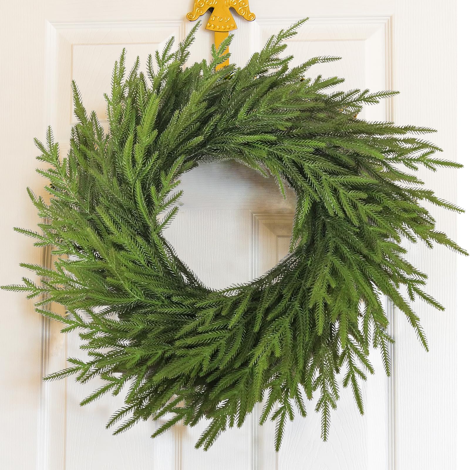 Photo 1 of 24 Inch Real Touch Norfolk Pine Wreath,Artificial Christmas Wreath for Front Door,Wall Windows Mantle Outdoor Outside Christmas Decoration