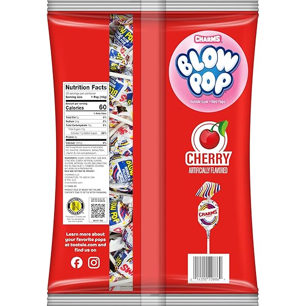 CHARMS BLOW POP SINGLE FLAVOR BAG – CHERRY FLAVORED LOLLIPOPS WITH A BUBBLE GUM CENTER – INDIVIDUALLY WRAPPED HARD CANDY – RED CANDY – PEANUT FREE, GLUTEN FREE, 50 COUNT (PACK OF 1)