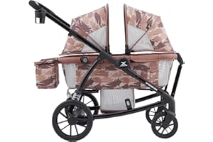 Xped Babe All-Terrain Wagon Stroller for Two Kids, Double Stroller with Push or Pull Handle, Canopy, Storage Basket, Dinner Plate, Oversized Damping Wheels, Mosquito Net and Rain Cover (Brown)