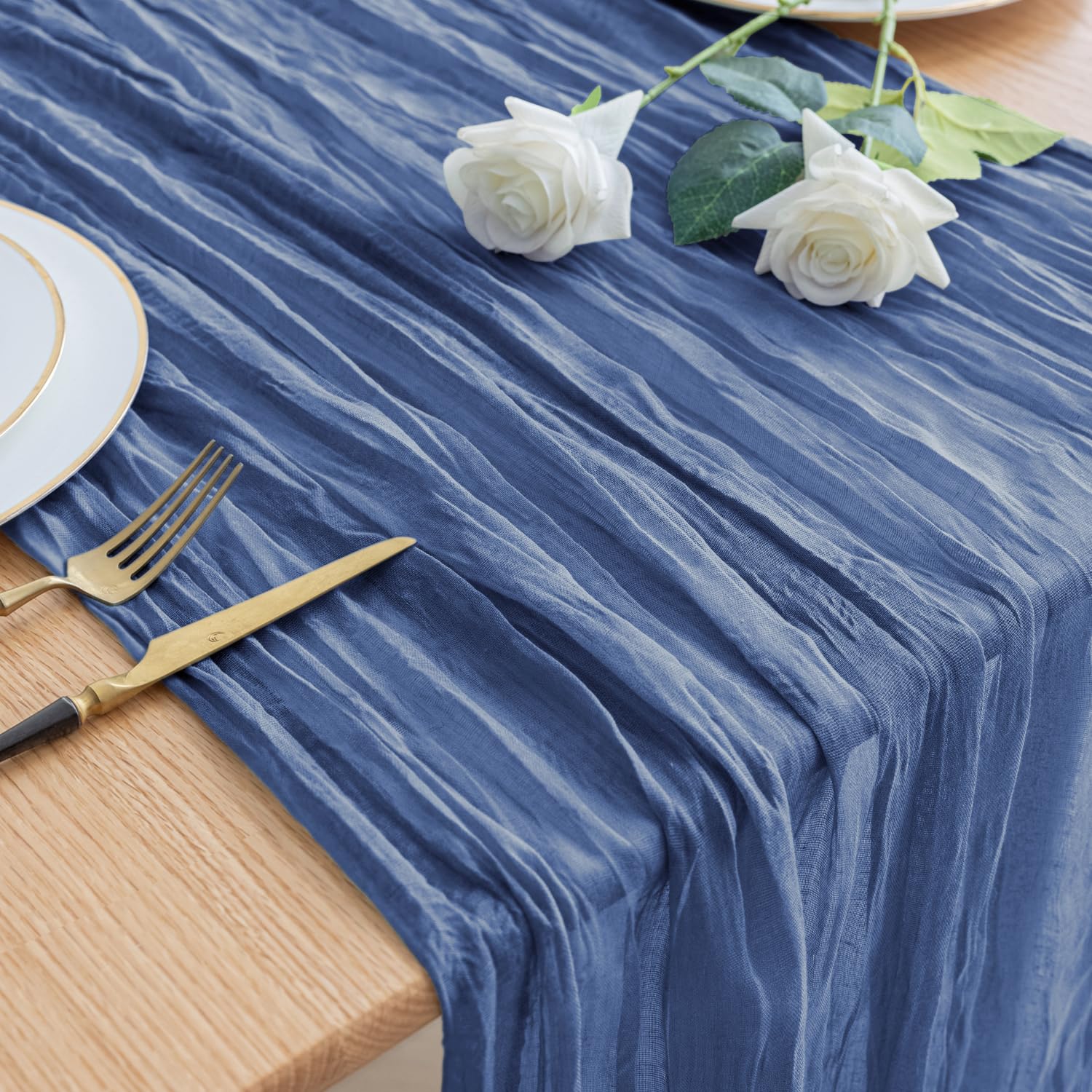 Photo 1 of Asee'm Cheesecloth Table Runner 120 Inches Blue Boho Gauze Cheese Cloth Runner 10FT Rustic Sheer Dining Table Runners for Fall Thanksgiving Wedding Baby Shower Centerpiece Decoration