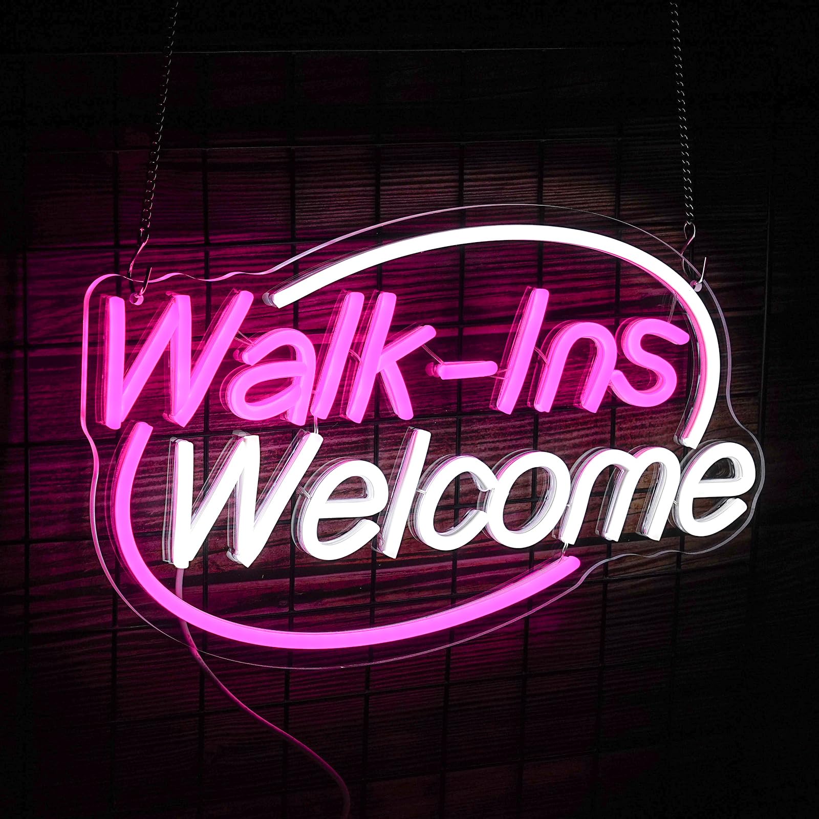 Photo 1 of Walk-Ins Welcome Neon Sign, Neon Sign For Wall Decor, Pink + White Led Signs Usb Powered, Living Game Room Decor, For Bedroom Restaurant Bar Hotel Shop Party Birthday(16.5x9.4in)