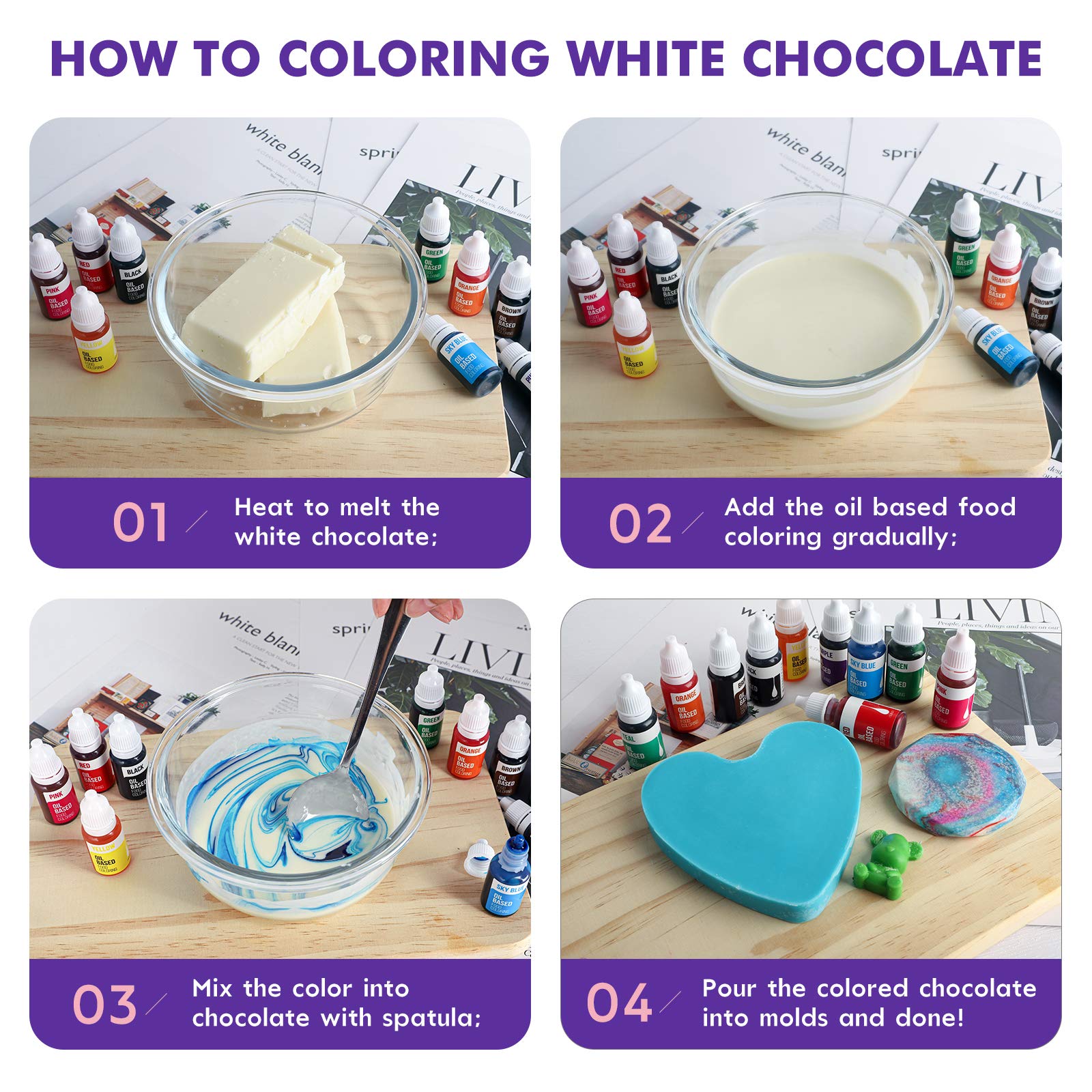 Upgraded Oil Based Food Coloring for Chocolate, 10 Colors , for Candy Melts, Nomeca Edible Food Dye for Baking Cake Decorating Cookies Icing Fondant Meringues - .35 Fl. Oz Bottles