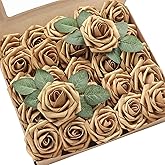 Floroom Artificial Flowers 25pcs Real Looking Antique Gold Foam Fake Roses with Stems for DIY Wedding Bouquets Bridal Shower Centerpieces Floral Arrangements Party Tables Home Decorations