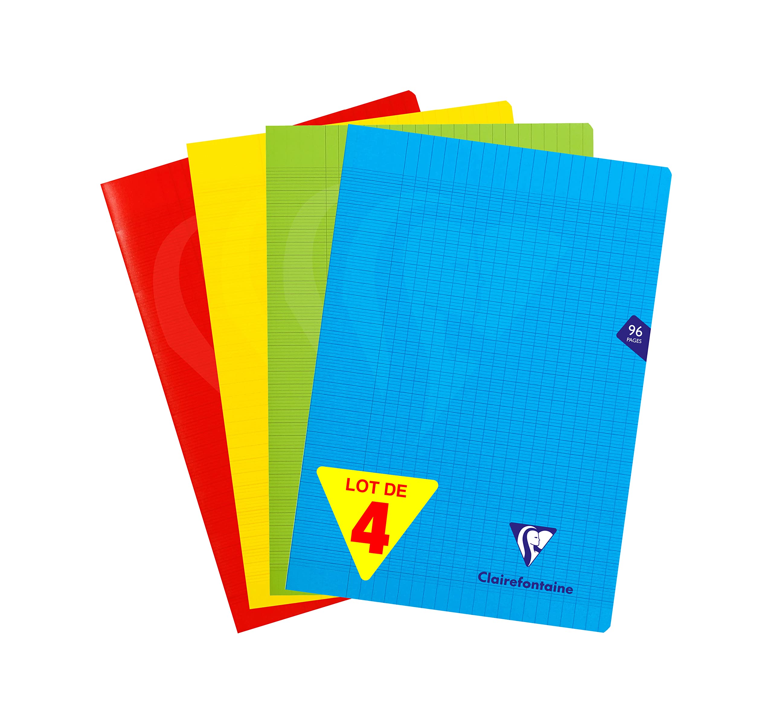 Clairefontaine 294161AMZ Set of 4 Mimesys Stapled Notebooks - A4 21x29.7cm - 96 Large Square Pages - White Paper 90g - Polypro Cover (Blue,Red,Yellow, Green)
