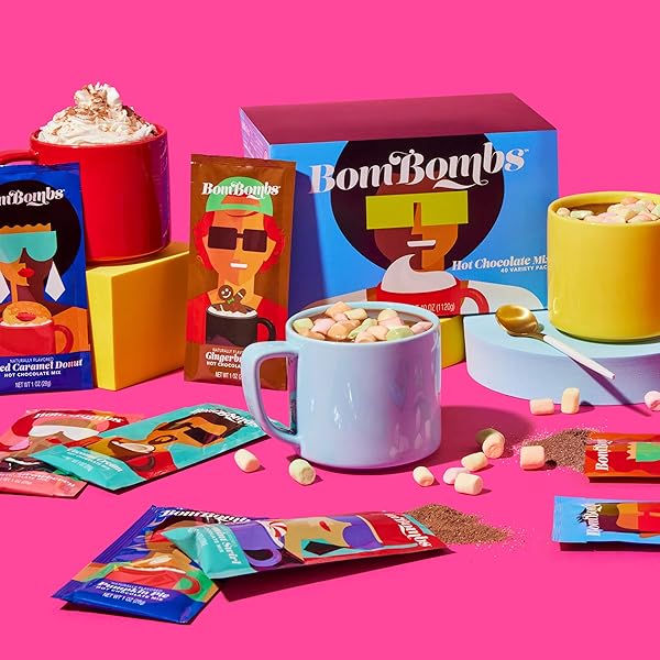 BOMBOMBS HOT CHOCOLATE MIX GIFT SET, MODERN AND FUN PACKAGING, 10 UNIQUE FLAVORS INCLUDE ROCKY ROAD, PEPPERMINT SWIRL, GINGERBREAD, SALTED CARAMEL DONUT AND MORE, HOT CHOCOLATE PACKETS, SET OF 40