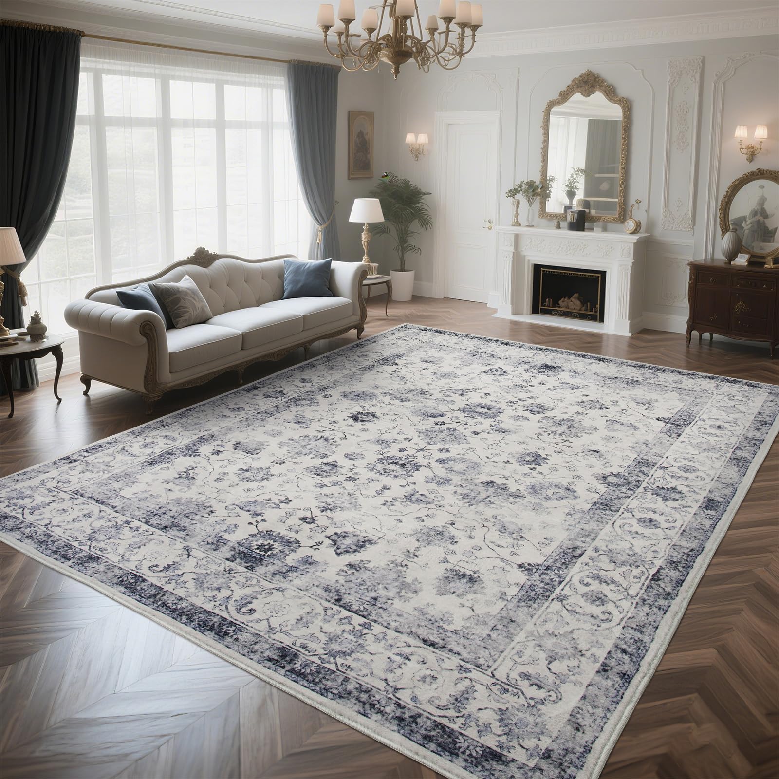 Blue Porcelain Rug Zentavio 8x10 Washable Area Rugs, Vintage Non-Slip Floral Living Room ...