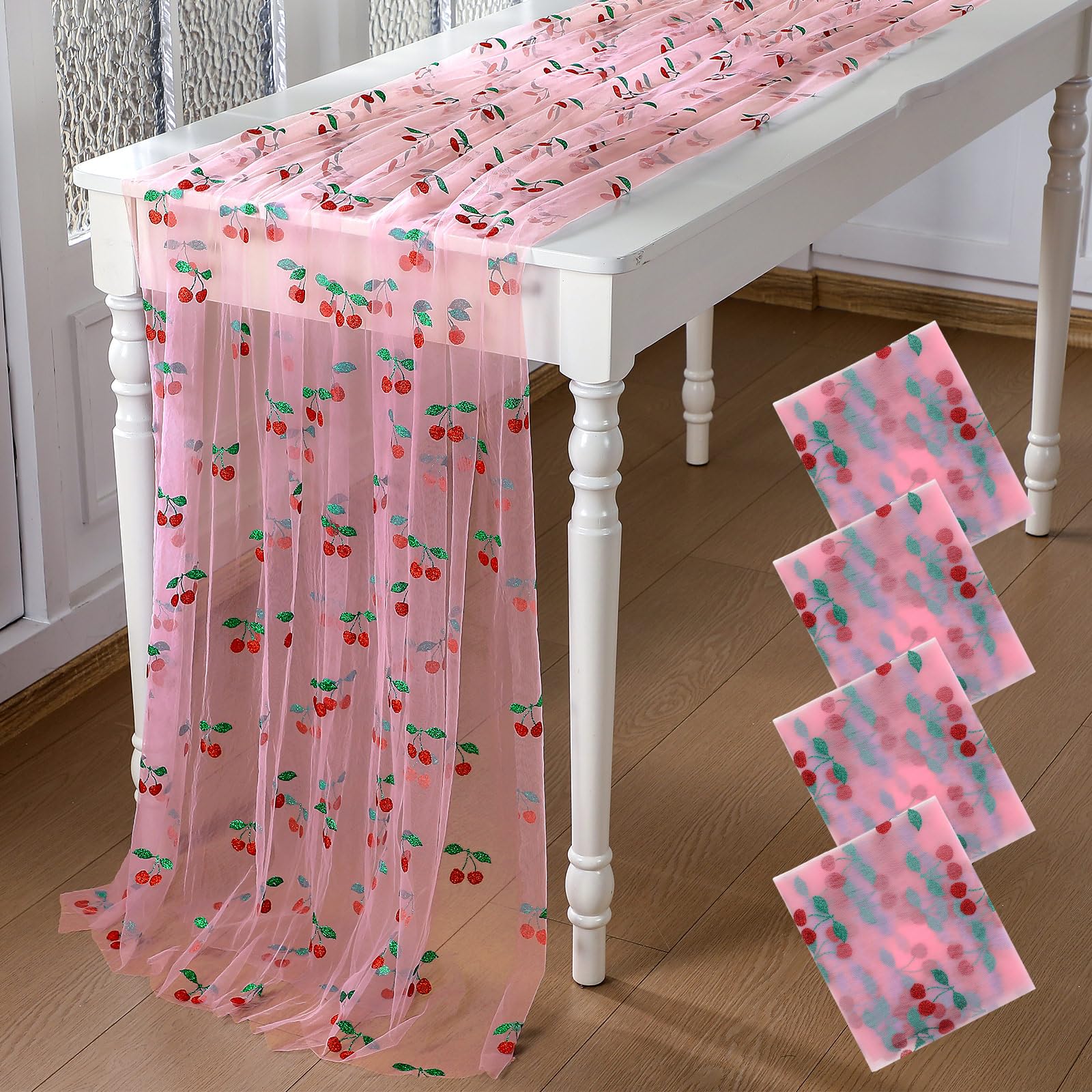 Photo 1 of Windkream 4 Pcs Cherry Table Runner 29 x70 inch Pink Glitter Tulle Lace Cloth Rectangle Fruit Table Cover for Cherry Summer Birthday Baby Shower Wedding Party Home Kitchen Decor