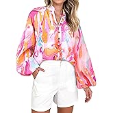 MASCOMODA Womens Boho Floral Print Fall Tops Dressy Casual V Neck Button Down Lantern Long Sleeve Shirts Chiffon Work Blouse