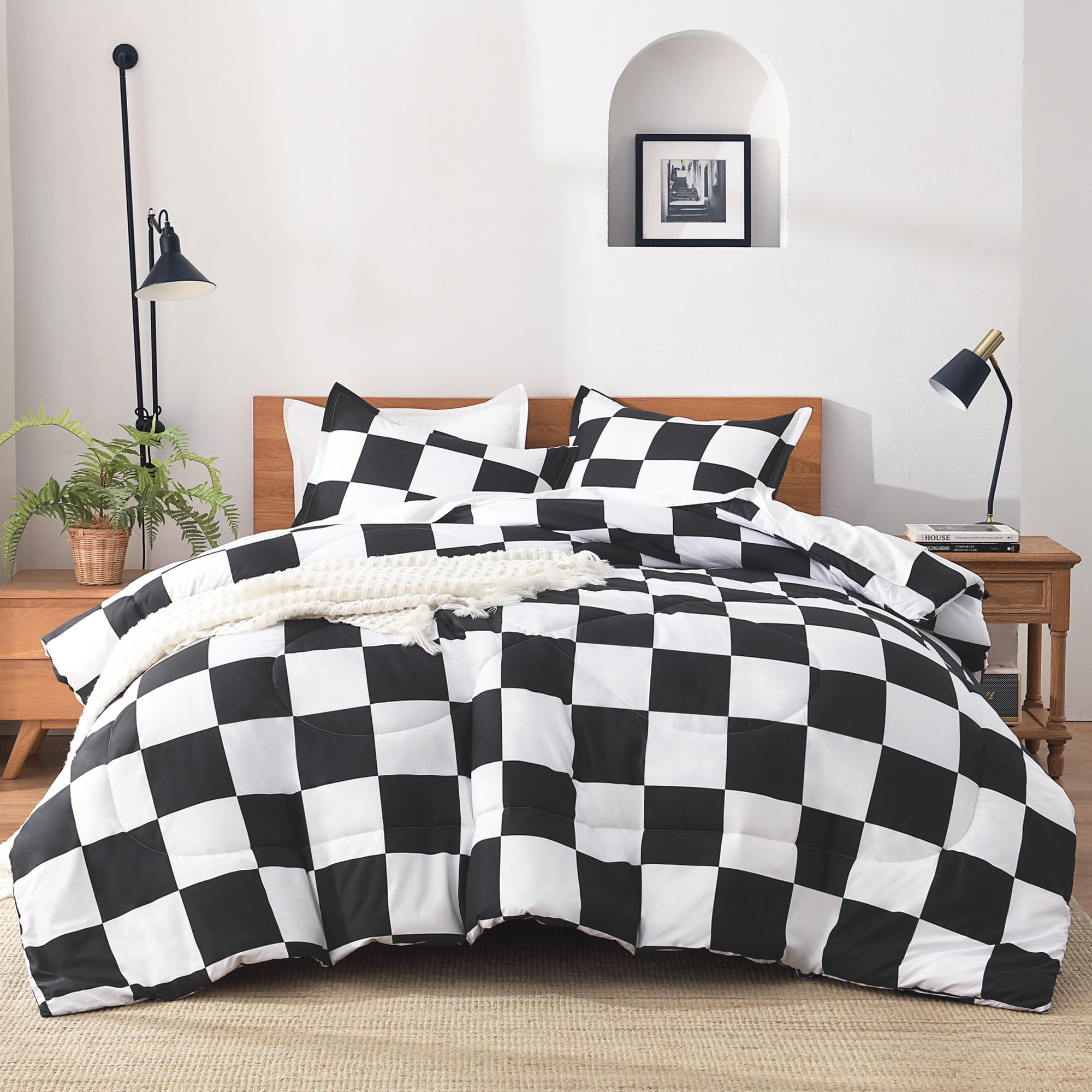 Photo 1 of Andency Checkered Comforter Full(79x90Inch), Black White Plaid Gingham Bed Set for Teen Boys Kids, Lightweight Polyester Geometric Preppy Bedding, 3 Pieces