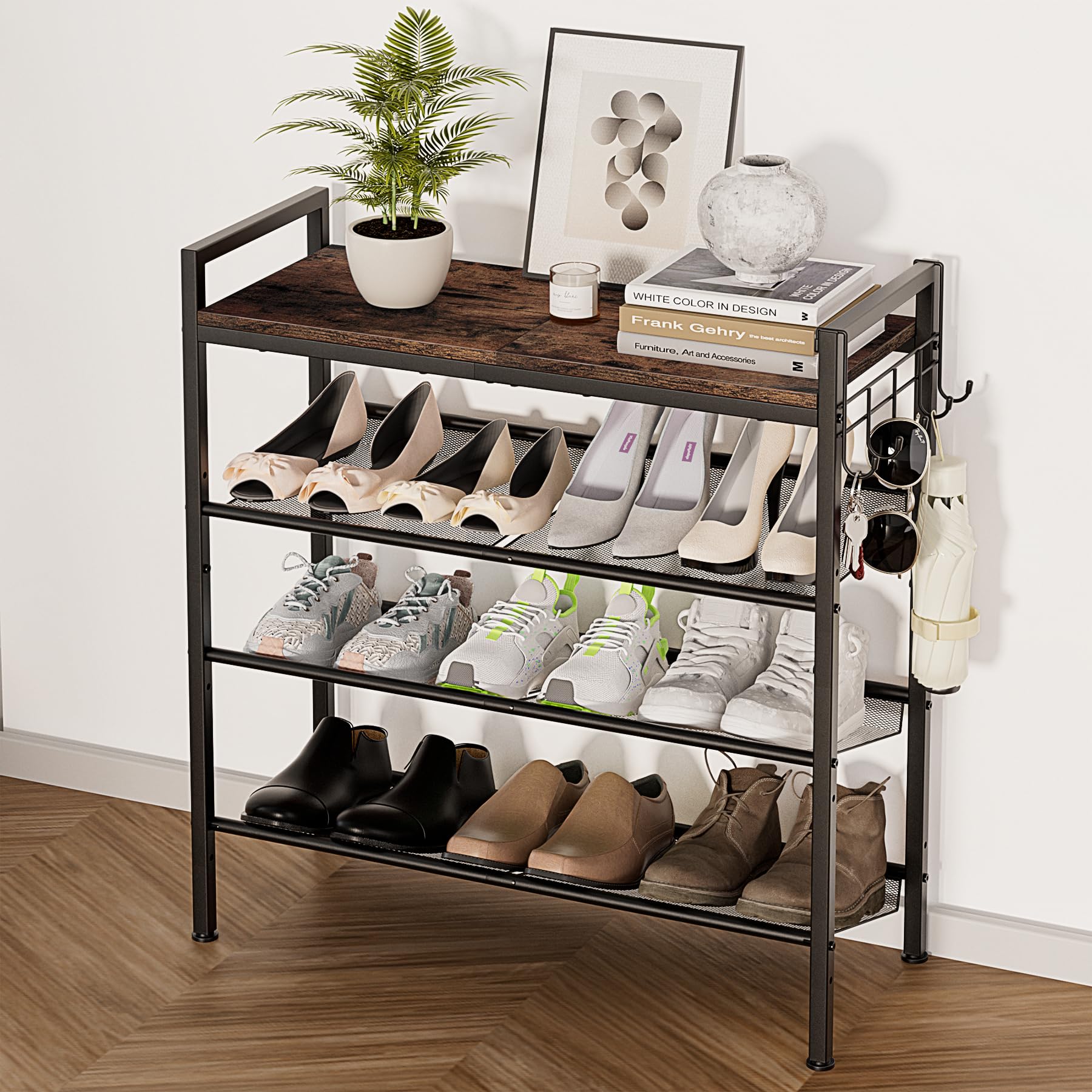 Photo 1 of 4 Tier Shoe Rack, Shoe Rack for Front Door Entrance with Hook, Shoe Organizer with Adjustable Mesh Shelves, Metal Shoe Rack for Entryway, Closet, Bedroom Living Room Garage