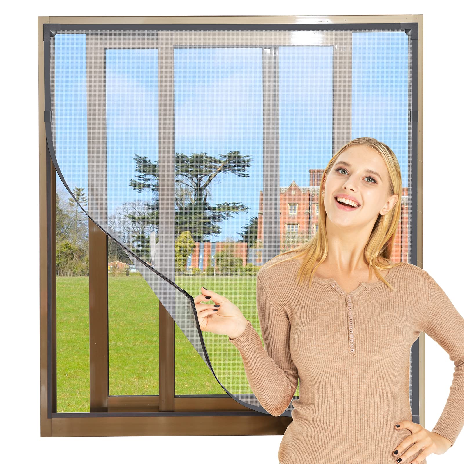 NeatiEase Adjustable DIY Magnetic Fly Screen Window Max 100x 130 cm, Full Frame Magnetic Strip Easy Installation Fits Any Size Smaller Insect Mesh Mosquito Bug Net for Windows (Grey Frame White Net)