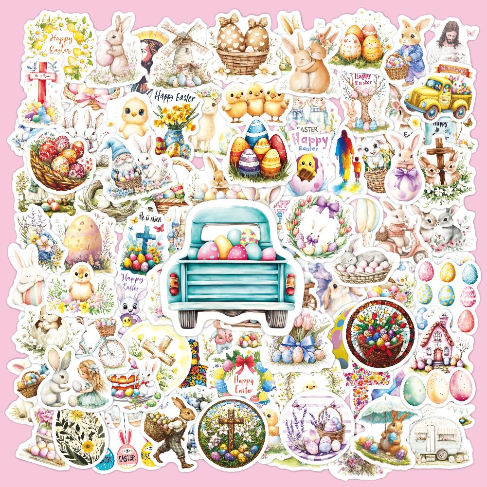 Photo 1 of 100 Pcs Easter Stickers Vinyl Waterproof Decals Easter Egg Bunny Stickers for Kids Teens Girls Adults Holiday Party Decorating for Card Water Bottle Skateboard Computer Envelope Tag Crafts Window