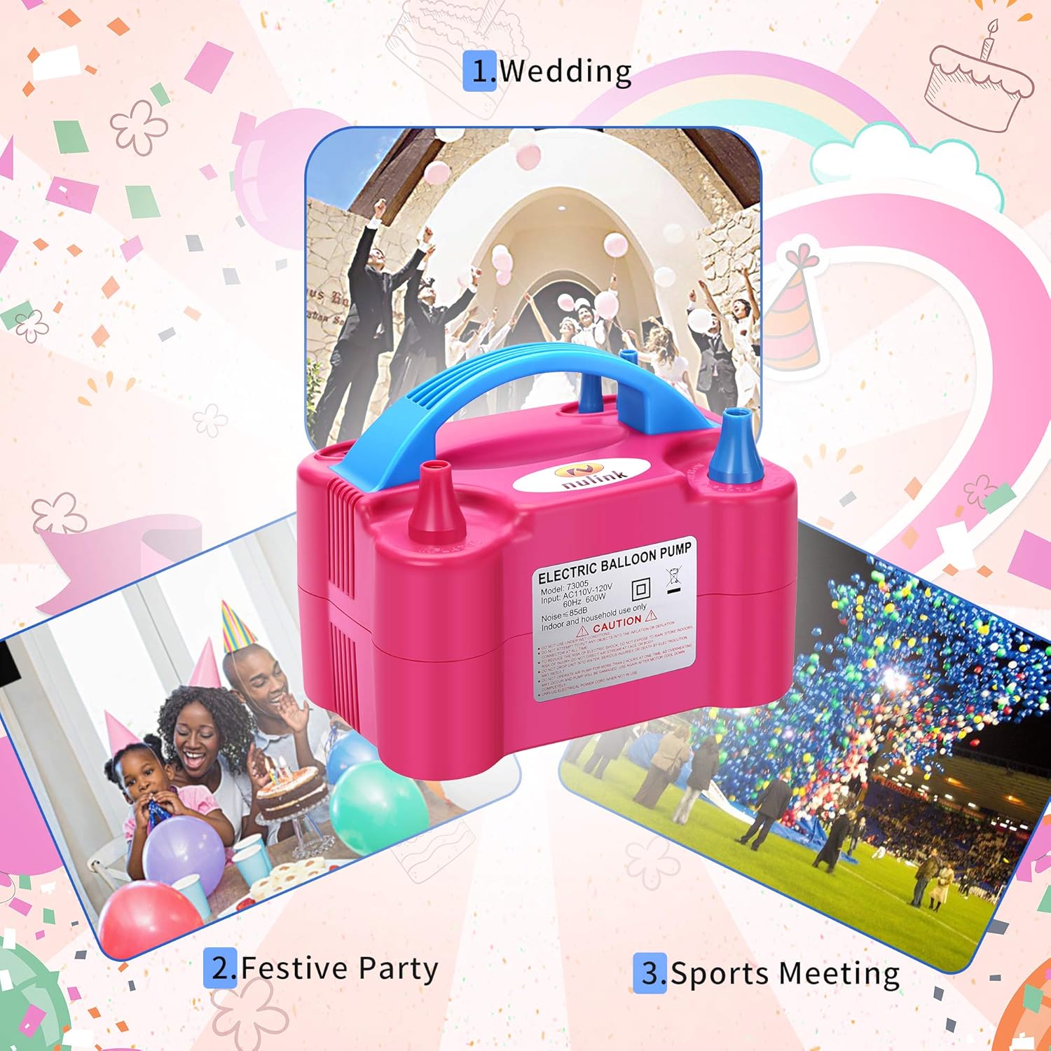 NuLink Electric Portable Dual Nozzle Balloon Blower Pump Inflation for Decoration, Party, Sport [110V~120V, 600W, Rose Red]: Toys & Games