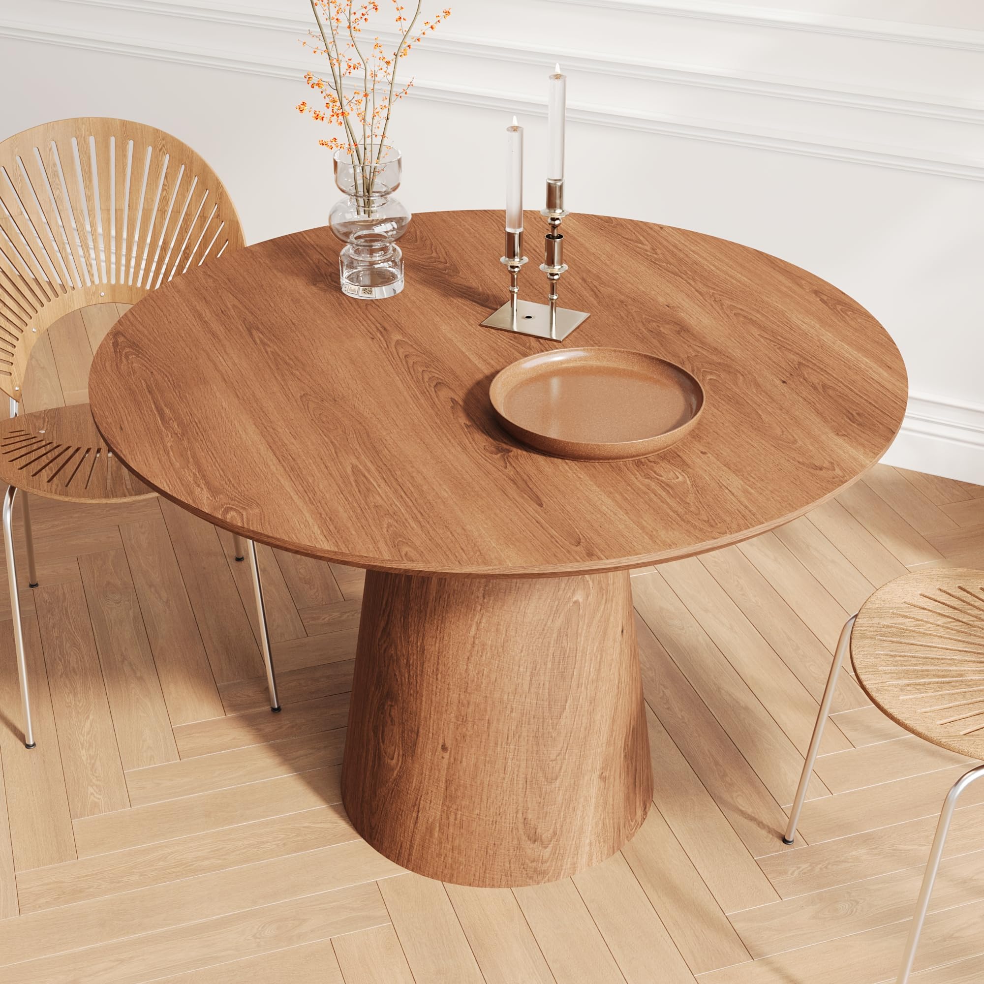Photo 1 of 43 Inch Wooden Round Dining Table, Modern Kitchen Table for 4, Farmhouse Circle Dining Room Tables with MDF Top Pedestal Base