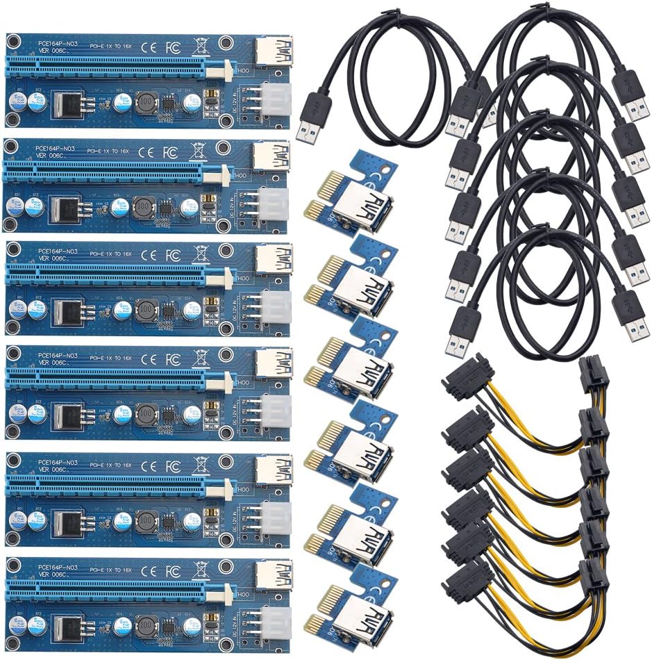 6-Pin Powered PCI-E PCI Express Riser Card - VER 006C - 1X to 16X PCIE USB 3.0 Adapter Card - with USB Extension Cable - GPU Riser Extender Cable Currency Mining (6 Pack)
