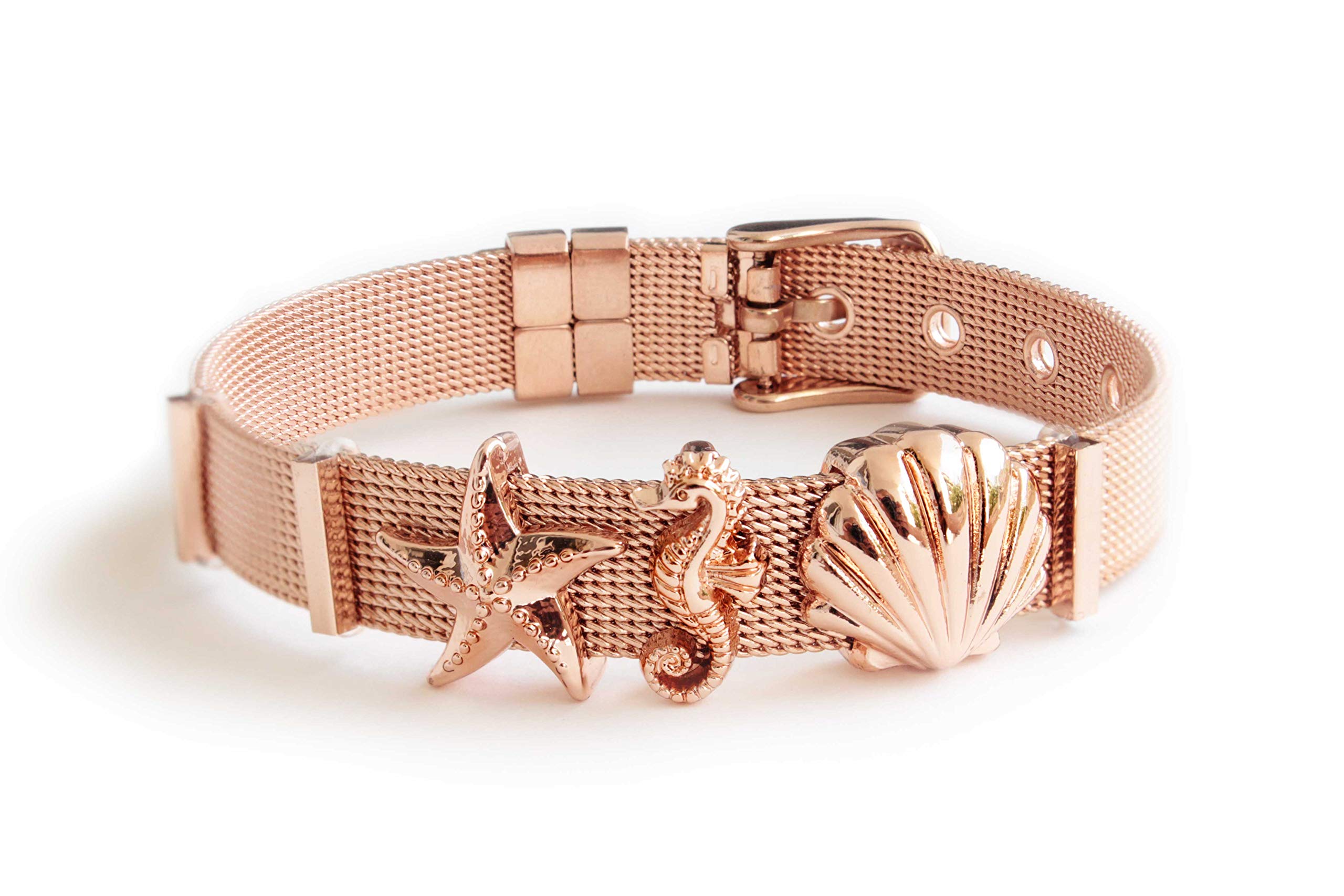 LIKERY "Oceanlover jewelry set | charm bracelet with three maritime charms - shell, starfish, seahorse | available in silver, gold, rose gold | color: rose gold